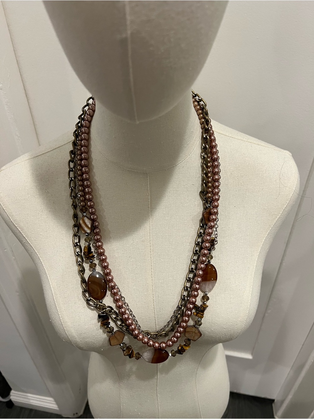 Multi-Strand Brown Pearl & Chain Necklace - Women Jewelry